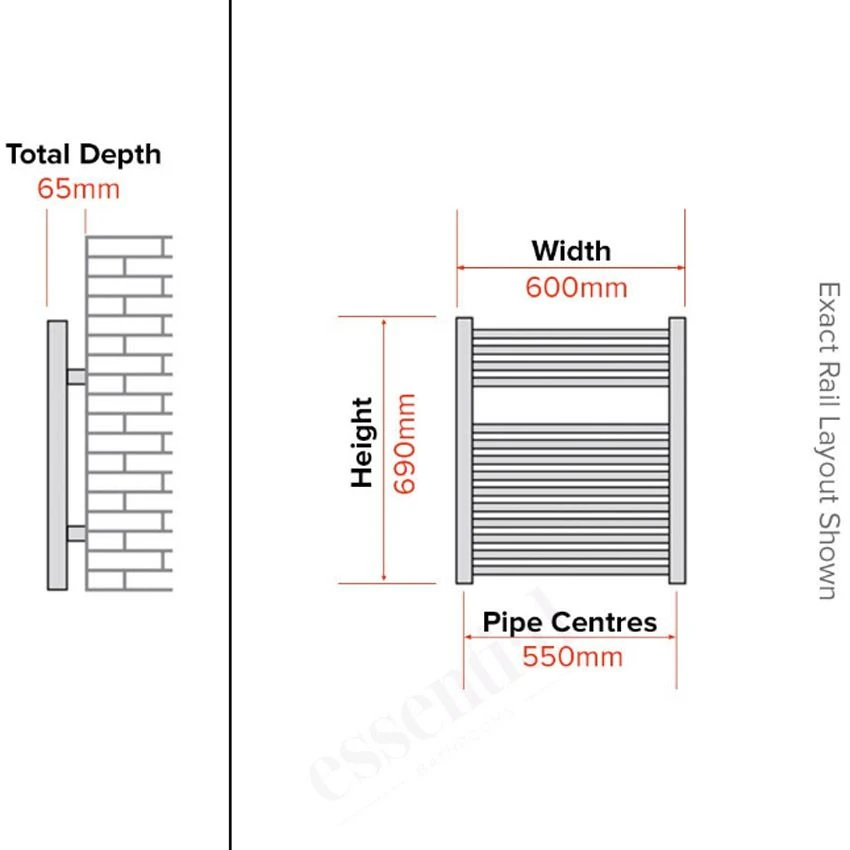 Essential Straight Towel Warmer Chrome 690mm X 600mm - 148224 3 Essential Straight Towel Warmer Chrome 690mm X 600mm - 148224