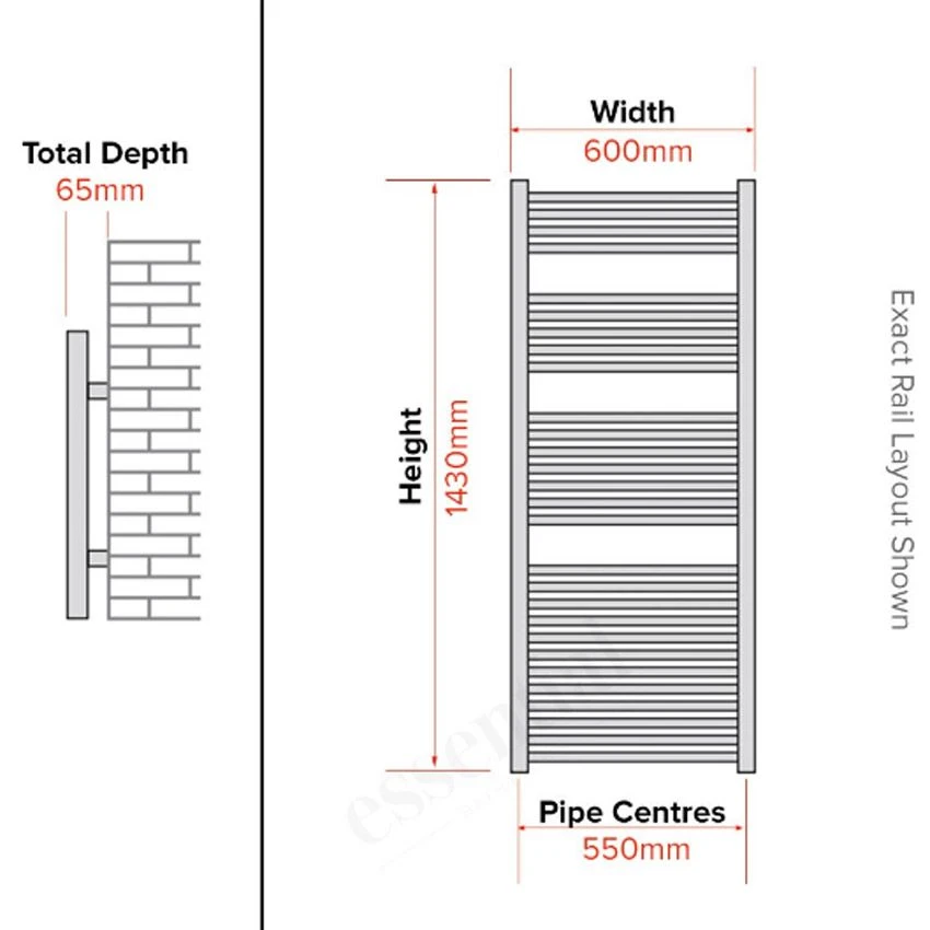 Essential Curved Towel Warmer Chrome 1430mm X 600mm - 148234 3 Essential Curved Towel Warmer Chrome 1430mm X 600mm - 148234