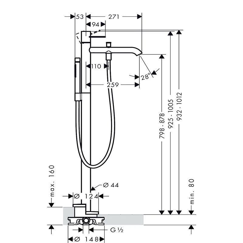 AXOR Uno Single Lever Floor Standing Bath Mixer With Loop Handle - Brushed Nickel - 38442820 4 AXOR Uno Single Lever Floor Standing Bath Mixer With Loop Handle - Brushed Nickel - 38442820 - Image 2