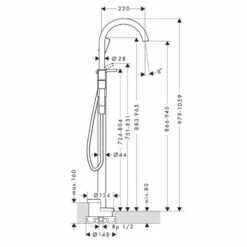 Axor One Single Lever Bath Mixer Floor-Standing - Brushed Gold Optic - 48440250 -Bliss Bath Shop 4 8 48440250 dimensions