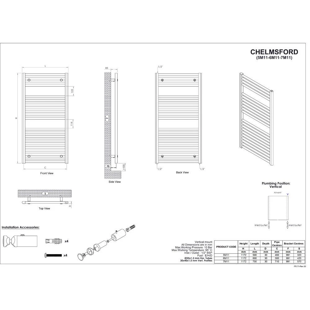 Ultraheat Chelmsford Straight Towel Radiator 1172x600mm - Chrome - 6M11C 4 Ultraheat Chelmsford Straight Towel Radiator 1172x600mm - Chrome - 6M11C - Image 2