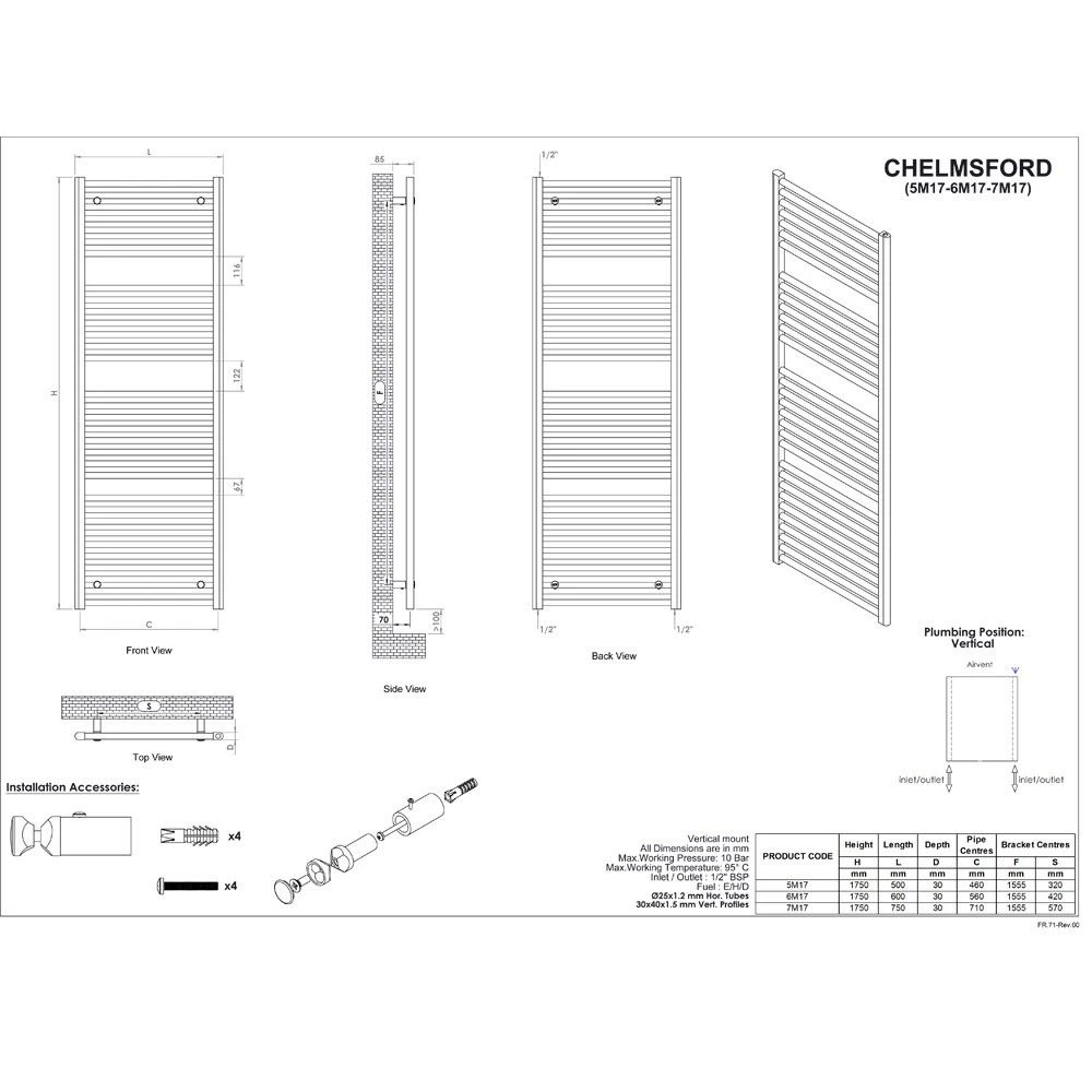 Ultraheat Chelmsford Straight Towel Radiator 1750x600mm - Chrome - 6M17C 4 Ultraheat Chelmsford Straight Towel Radiator 1750x600mm - Chrome - 6M17C - Image 2