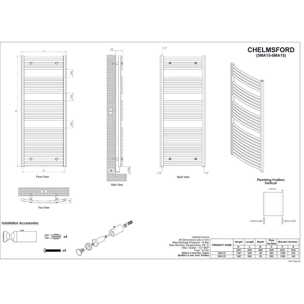 Ultraheat Chelmsford Arched Towel Radiator 1467x600mm - Chrome - 6MA15C 4 Ultraheat Chelmsford Arched Towel Radiator 1467x600mm - Chrome - 6MA15C - Image 2