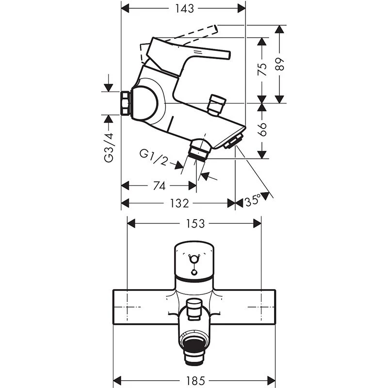 Hansgrohe Talis S Single Lever Manual Bath Mixer For Exposed Installation With Centre Distance 15.3cm - 72401000 4 Hansgrohe Talis S Single Lever Manual Bath Mixer For Exposed Installation With Centre Distance 15.3cm - 72401000 - Image 2
