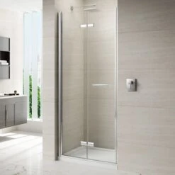 Merlyn 8 Series Frameless Hinged Bifold Shower Door With Tray 900mm - M87221B -Bliss Bath Shop 8 s 8seriesframelesshingedbifoldclosedinrecess 1