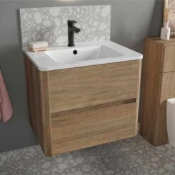 Calypso Sora 600 Wall Hung Vanity Unit - Sienna Oak - 4758 7 Calypso Sora 600 Wall Hung Vanity Unit - Sienna Oak - 4758 -Bliss Bath Shop calypso 600 lifestyle oak