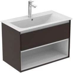 Ideal Standard Connect Air 800mm Wall Hung Vanity Unit 1 Drawer With Open Shelf - Matt Dark Brown & Matt White - E0827VY