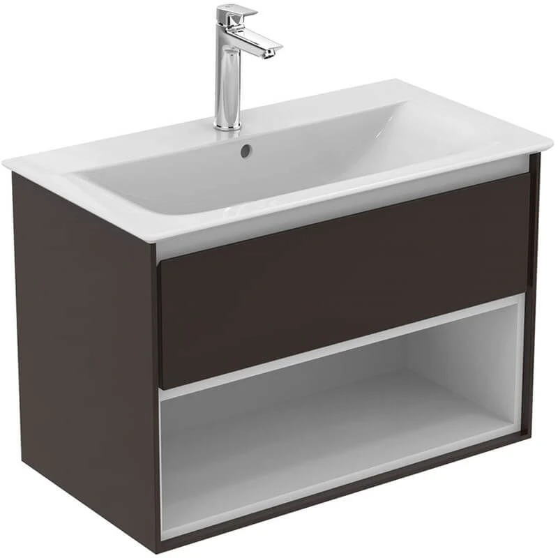 Ideal Standard Connect Air 800mm Wall Hung Vanity Unit 1 Drawer With Open Shelf - Matt Dark Brown & Matt White - E0827VY 3 Ideal Standard Connect Air 800mm Wall Hung Vanity Unit 1 Drawer With Open Shelf - Matt Dark Brown & Matt White - E0827VY