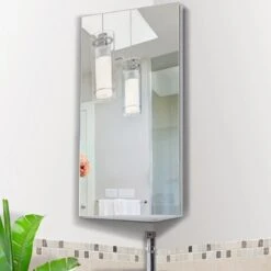 HOMCOM Stainless Steel Wall Mounted Bathroom Corner Mirror Storage Cabinet With Single Door - Silver - 02-0551 -Bliss Bath Shop h o 02 0551 homcom bathroom storage cabinet lifestyle