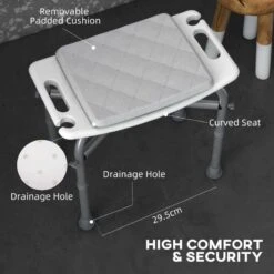 HOMCOM Aluminium Height Adjustable Non-Slip Shower Stool For Elderly With Padded Cushion - White - 712-054V00WT -Bliss Bath Shop h o 712 054v00wt homcom adjustable shower stool features