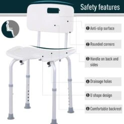 HOMCOM 8-Level Height Adjustable Bath Stool For Elderly With Handle - White & Silver - 713-046 -Bliss Bath Shop h o 713 046 homcom adjustable bath stool chair features