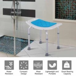 HOMCOM 6-Level Height Adjustable Bathroom Stool Chair With Padded Seat & Drainage Holes - Blue & White - 713-052 11 HOMCOM 6-Level Height Adjustable Bathroom Stool Chair With Padded Seat & Drainage Holes - Blue & White - 713-052 -Bliss Bath Shop h o 713 052 homcom bathroom chair for elderly features
