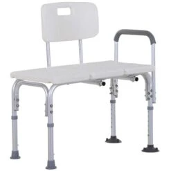 HOMCOM Height Adjustable Non Slip Bath Transfer Bench With Armrest & Backrest - White - 713-054