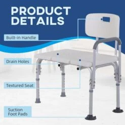 HOMCOM Height Adjustable Non Slip Bath Transfer Bench With Armrest & Backrest - White - 713-054 -Bliss Bath Shop h o 713 054 homcom bath transfer bench details