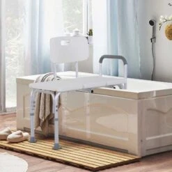 HOMCOM Height Adjustable Non Slip Bath Transfer Bench With Armrest & Backrest - White - 713-054 -Bliss Bath Shop h o 713 054 homcom bath transfer bench lifestyle