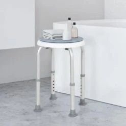 HOMCOM 360° Adjustable Height Aluminium Frame Swivel Bath Seat Shower Stool With Non-Slip Feet - Blue & White - 713-076 -Bliss Bath Shop h o 713 076 homcom 360 adjustable shower stool lifestyle