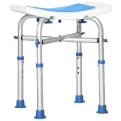 HOMCOM Height Adjustable Non-slip Padded Shower Chair For Elderly With Handle & Suction Foot Pads - White & Blue - 713-115BU
