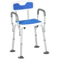 HOMCOM EVA Height Adjustable Padded Shower Chair With Back Arms & Suction Foot Pads - White & Blue - 713-116V00GY -Bliss Bath Shop h o 713 116v00gy homcom shower chair for elderly clean