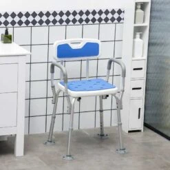 HOMCOM EVA Height Adjustable Padded Shower Chair With Back Arms & Suction Foot Pads - White & Blue - 713-116V00GY -Bliss Bath Shop h o 713 116v00gy homcom shower chair for elderly lifestyle