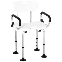 HOMCOM Height Adjustable Shower Chair For Elderly With Back Flipped Arms & Suction Foot Pads - White - 713-117V00WT