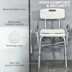 HOMCOM Height Adjustable Shower Chair For Elderly With Backs Arms & Padded Cushion - White - 713-144V00GY -Bliss Bath Shop h o 713 144v00gy homcom adjustable shower chair features
