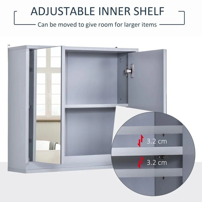 HOMCOM Wall Mounted Bathroom Mirror Cabinet Storage Shelf With Double Door 48 X 14.5 X 45cm - Grey - 834-172 6 HOMCOM Wall Mounted Bathroom Mirror Cabinet Storage Shelf With Double Door 48 X 14.5 X 45cm - Grey - 834-172 - Image 4