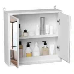 HOMCOM Wall Mounted Bathroom Mirror Cabinet Storage Shelf With Double Door 48 X 14.5 X 45cm - White - 834-172WT -Bliss Bath Shop h o 834 172wt homcom bathroom mirror cabinet clean2