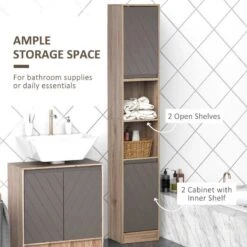 HOMCOM Freestanding Anti-Tipping Bathroom Storage Cabinet With 2 Cupboards 30L X 24W X 170H Cm - Grey & Brown - 834-240 -Bliss Bath Shop h o 834 240 homcom bathroom storage cabinet storage