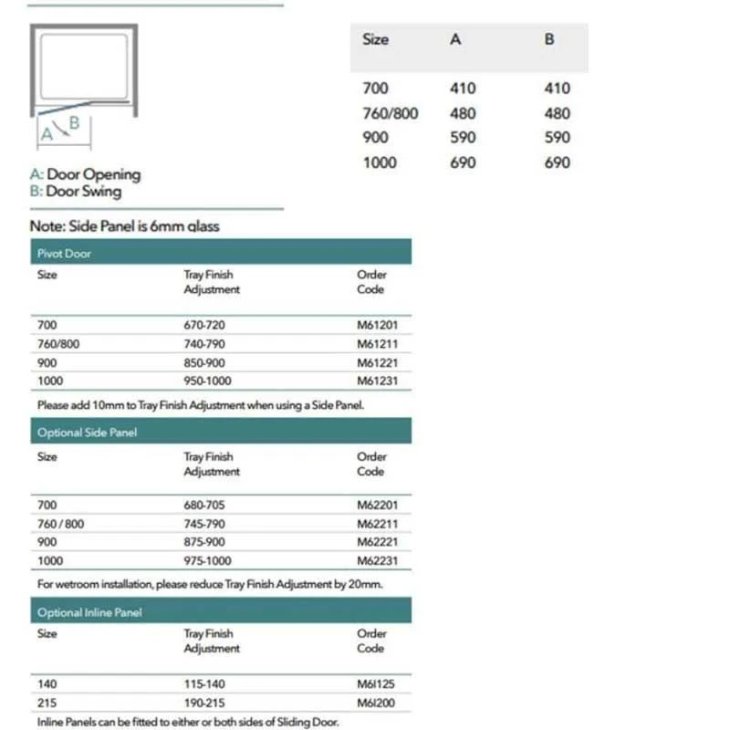 Merlyn 6 Series Pivot Shower Door And Inline Panel - 700mm Shower Door 690-740mm - M61201H 7 Merlyn 6 Series Pivot Shower Door And Inline Panel - 700mm Shower Door 690-740mm - M61201H - Image 5