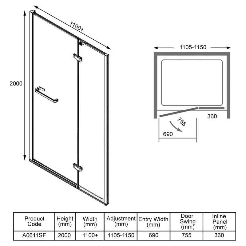 Merlyn 8 Series Frameless Hinge & Inline Shower Door 1100+mm - A0611SF 8 Merlyn 8 Series Frameless Hinge & Inline Shower Door 1100+mm - A0611SF - Image 6