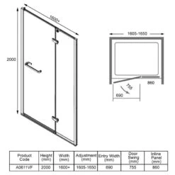 Merlyn 8 Series Frameless Hinge & Inline Shower Door 1600+mm - A0611VF -Bliss Bath Shop m e merlyn a0611vf dimensions
