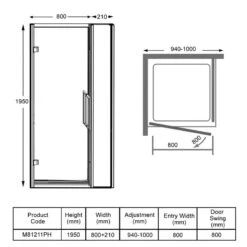 Merlyn 8 Series Hinge And Inline Panel 950mm+ Wide - 940-1000mm - M81211PH -Bliss Bath Shop m e merlyn m81211ph dimensions