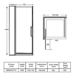 Merlyn 8 Series Infold And Inline Panel 800mm+ Wide - 780-840mm - M84401P1H -Bliss Bath Shop m e merlyn m84401p1h dimensions