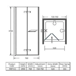 Merlyn 8 Series Frameless Hinged Bifold Shower Door 760mm - M87111 -Bliss Bath Shop m e merlyn m87111 dimensions