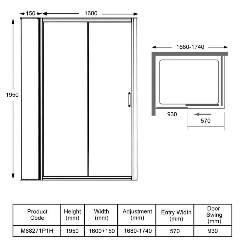 Merlyn 8 Series Sliding Shower Door And Inline Panel 1700mm+ Wide - 1680-1740mm - M88271P1H 5 Merlyn 8 Series Sliding Shower Door And Inline Panel 1700mm+ Wide - 1680-1740mm - M88271P1H - Image 3