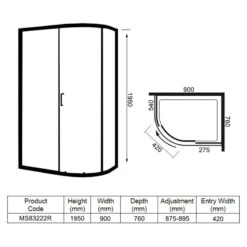 Merlyn 8 Series 1 Door Offset Quadrant Right Hand With Tray 900 X 760mm - MS83222R -Bliss Bath Shop m e merlyn ms83222r dimensions