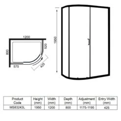 Merlyn 8 Series 1 Door Offset Quadrant Left Hand With Tray 1200 X 800mm - MS83243L -Bliss Bath Shop m e merlyn ms83243l dimensions
