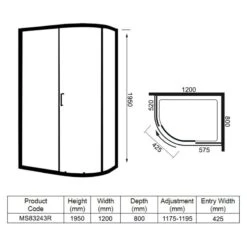 Merlyn 8 Series 1 Door Offset Quadrant Right Hand With Tray 1200 X 800mm - MS83243R -Bliss Bath Shop m e merlyn ms83243r dimensions