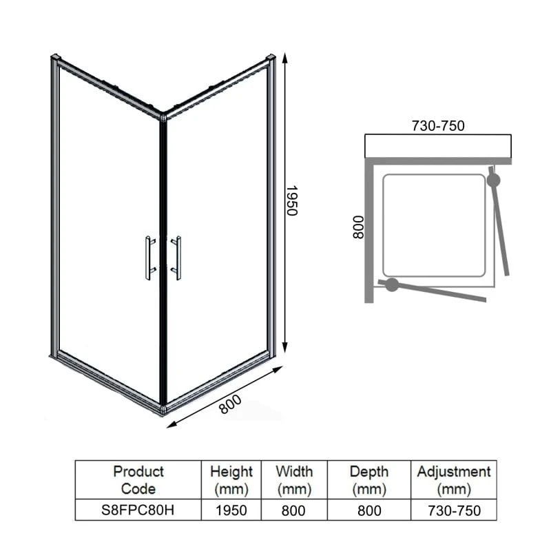 Merlyn 8 Series Frameless Double Pivot Shower Wall 800 X 800mm - S8FPC80H 8 Merlyn 8 Series Frameless Double Pivot Shower Wall 800 X 800mm - S8FPC80H - Image 6