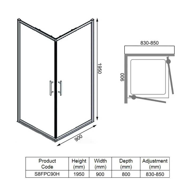 Merlyn 8 Series Frameless Double Pivot Shower Wall 900 X 900mm - S8FPC90H 8 Merlyn 8 Series Frameless Double Pivot Shower Wall 900 X 900mm - S8FPC90H - Image 6