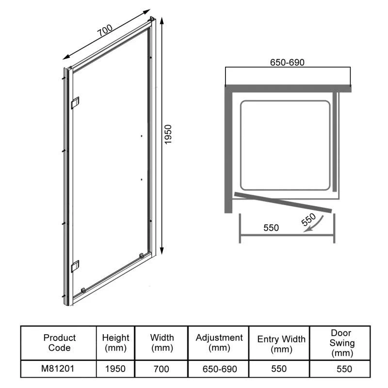 Merlyn 8 Series Hinge Shower Door 700mm - M81201 6 Merlyn 8 Series Hinge Shower Door 700mm - M81201 - Image 4