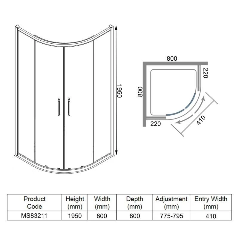 Merlyn 8 Series 2 Door Quadrant Shower Enclosure With Tray 800 X 800mm - MS83211 4 Merlyn 8 Series 2 Door Quadrant Shower Enclosure With Tray 800 X 800mm - MS83211 - Image 2