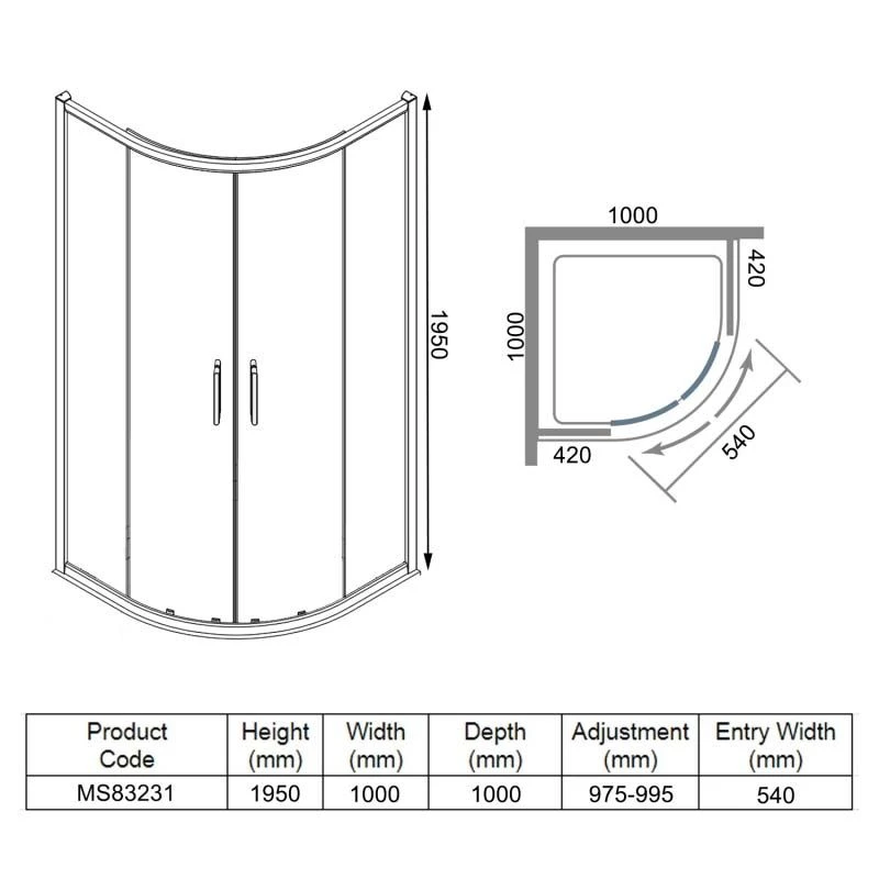 Merlyn 8 Series 2 Door Quadrant Shower Enclosure With Tray 1000 X 1000mm - MS83231 4 Merlyn 8 Series 2 Door Quadrant Shower Enclosure With Tray 1000 X 1000mm - MS83231 - Image 2