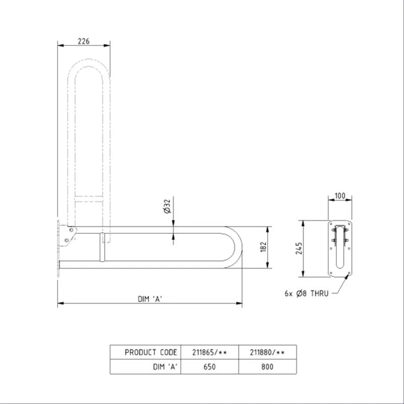 Nyma Care Hinged Lift & Lock Support Rail - 800mm - Polished Stainless Steel - 211880/SP 4 Nyma Care Hinged Lift & Lock Support Rail - 800mm - Polished Stainless Steel - 211880/SP - Image 2