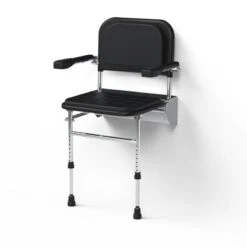 Nyma Style Premium Wall Mounted Shower Padded Seat With Legs, Back & Arms - Polished Aluminium Frame - Black - 335004/BL