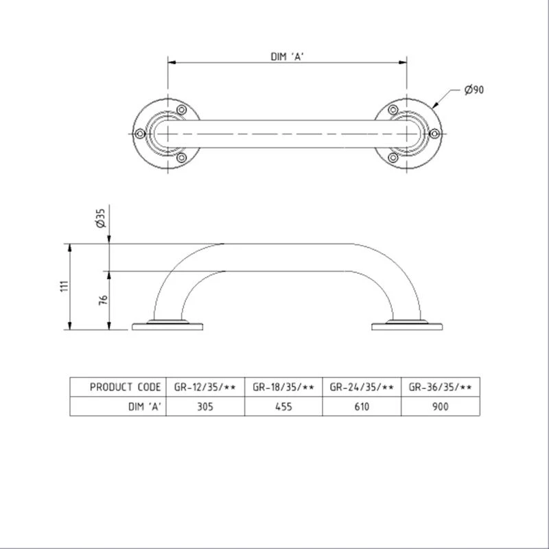 Nyma Pro Round Flange Grab Rail With Exposed Fixings - 610mm - Steel - Dark Grey - GR-24/35/DG 4 Nyma Pro Round Flange Grab Rail With Exposed Fixings - 610mm - Steel - Dark Grey - GR-24/35/DG - Image 2