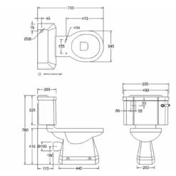 Burlington Rimless Close Coupled WC Pan With Horizontal Outlet - P20 -Bliss Bath Shop p20dimensions