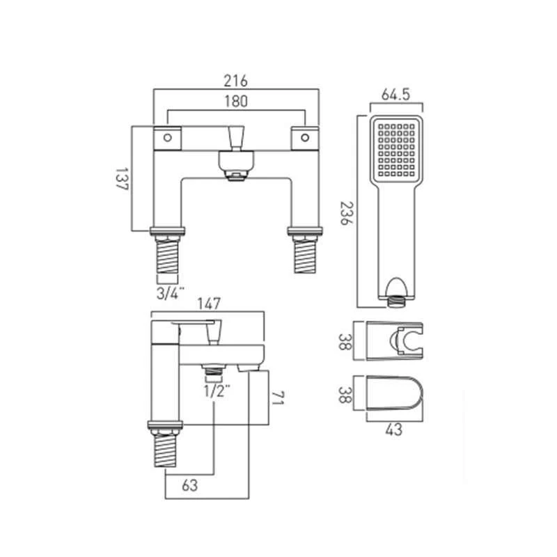 Vado Phase 2 Hole Bath Shower Mixer Single Lever Deck Mounted With Shower Kit - PHA-130+K-C/P 4 Vado Phase 2 Hole Bath Shower Mixer Single Lever Deck Mounted With Shower Kit - PHA-130+K-C/P - Image 2