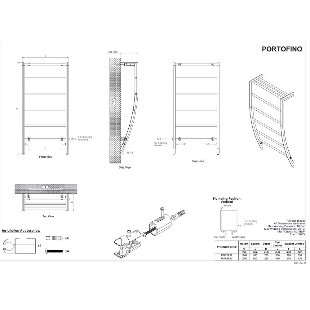 Ultraheat Portofino Towel Radiator 1200x500mm - Chrome - POR5P12C 4 Ultraheat Portofino Towel Radiator 1200x500mm - Chrome - POR5P12C - Image 2