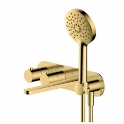 RAK Ceramics Petit Round Wall Mounted Thermostatic Bath Shower Mixer Dual Outlet - Brushed Gold - RAKPER3306G